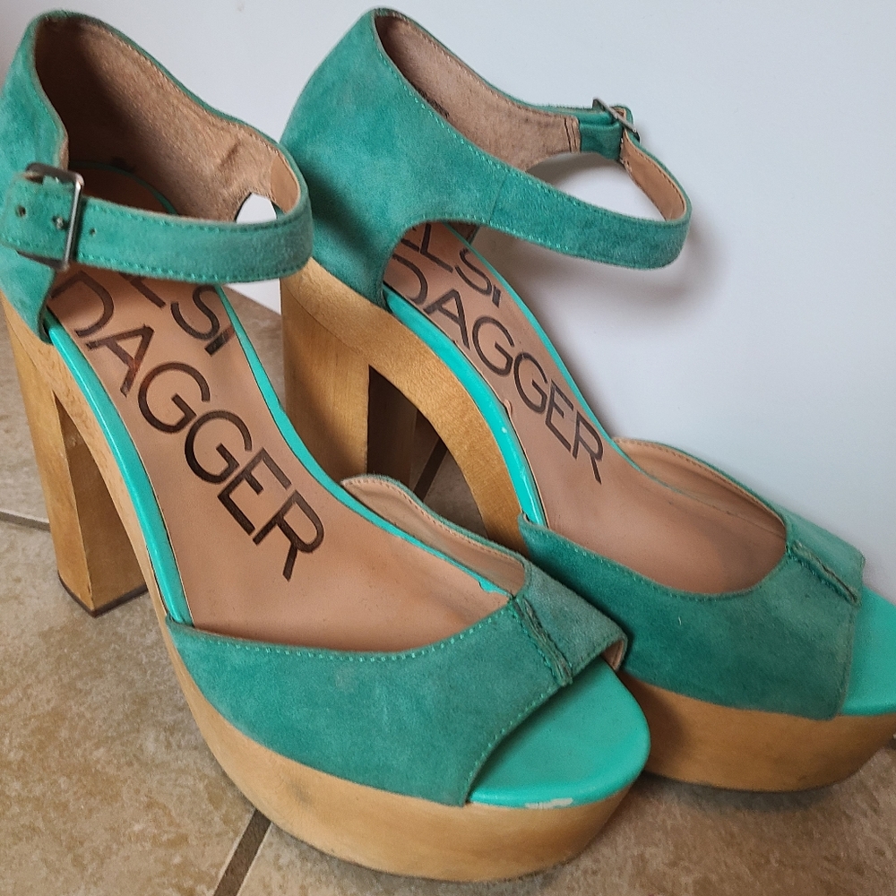 Kelsi Dagger teal/wooden platform heels